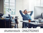 Smile, relax and happy man at office desk for stretching, productivity or done with project. Break, computer and employee with arms behind head for satisfied, achievement or deadline complete