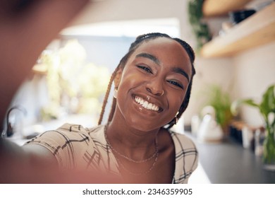 Smile, selfie and face of a young black woman for social media, happiness or positive attitude. Portrait of African person with freedom, motivation and confidence to relax at home for profile picture - Powered by Shutterstock