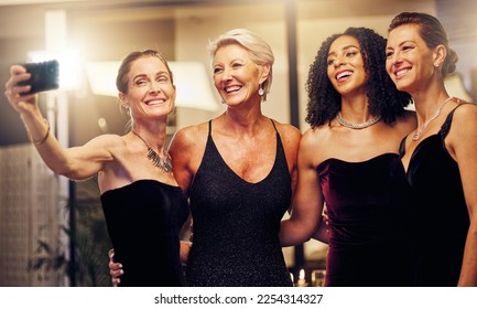 Smile, selfie or senior women in a party in celebration of goals or new year at fancy luxury event. Friends, photography or happy people take pictures for social media at dinner gala or fun birthday