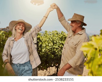 Smile, senior couple and dance in vineyard for countryside, travel and holiday for happiness. Mature people outdoor, adventure and bonding for retirement together with landscape, tour and sightseeing - Powered by Shutterstock