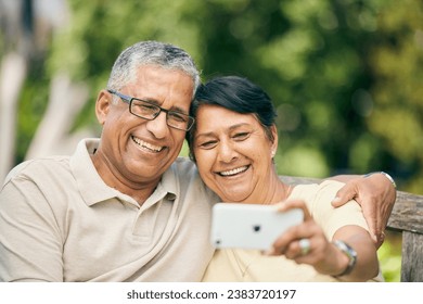 Smile, senior couple and selfie at park, nature or countryside outdoor, bonding together and love. Happy, profile picture and elderly man and woman taking photo for memory, social media or retirement - Powered by Shutterstock