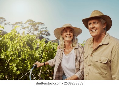 Smile, senior couple and walk in vineyard for countryside, travel and holiday with bicycle. Mature people outdoor, adventure and bonding for retirement together with landscape, tour and sightseeing - Powered by Shutterstock