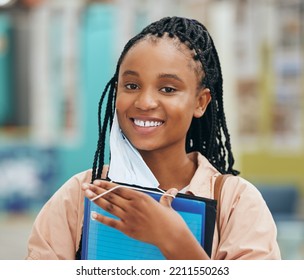 Smile, Student And Portrait Of A Black Woman With A Face Mask Holding A File At University In Covid. Happy, Excited And Young African Student With Education Books At College Campus During Pandemic.