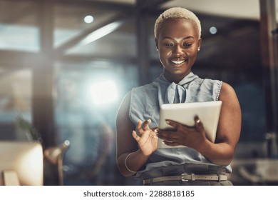 Smile, tablet and search with black woman in office for technology, corporate and communication. Social media, connection and internet with female and online for networking, email and website