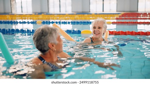 Smile, training and mature women in swimming pool for exercise, healthy body and strong muscle. Friends, water and aerobics class for fitness, physiotherapy or rehabilitation of happy senior people - Powered by Shutterstock