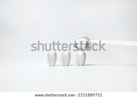 Smile and whitening teeth reflect on mirror mouth on white background, healthy dental and smile confident                                                        