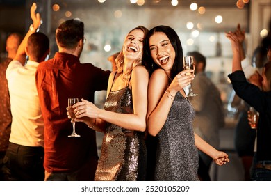 Smile, women and dance with champagne at nightclub for birthday celebration, social reunion or luxury party. Excited, friends and wine glass for new years, festival congratulations and happy hour fun - Powered by Shutterstock