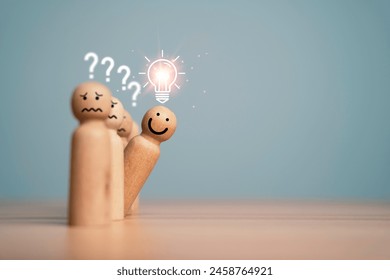 Smile wooden miniature figure outstanding from line with glowing lightbulb for creative thinking idea and problem solving innovation concept. - Powered by Shutterstock