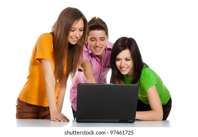 Smile Young People Looking Laptop Screen, Communicating, Three Students At The Desk Using Working On Laptop, Isolated Over White Background