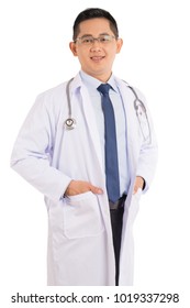 Smiled Kindness Asian Male Doctor Standing Isolated On White Background.