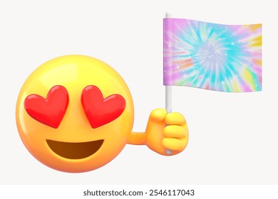 Smiley emoji with heart eyes holding a colorful tie-dye flag. Emoji with heart eyes, tie-dye flag, and cheerful expression. Vibrant emoji and flag design. Emoticon with tie-dye flag. - Powered by Shutterstock