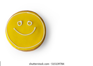 Smiley Face Cookie. Biscuit With Yellow Frosting. How To Transfer Good Mood. Dessert That Makes You Smile.