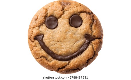 Smiley face cookie isolated on white background showcasing playful baked texture and cheerful sweet snack appeal