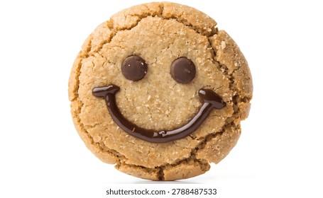Smiley face cookie isolated on white background showcasing playful baked texture and cheerful sweet snack appeal