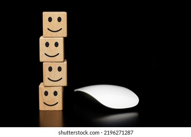 Smiley Face Icon On Wooden Block With Mouse White Computer, Satisfaction Survey Concept.	                     