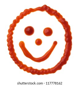 Smiley Face Made Of Tomato Sauce Is Isolated On A White Background