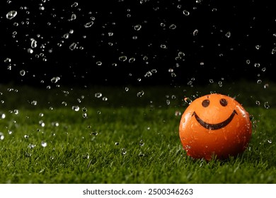 Smiley face orange ball sits on a wet rain grass field. Express joy peaceful moment during rain shower as droplet over grass field to show happy smile face ball - Powered by Shutterstock