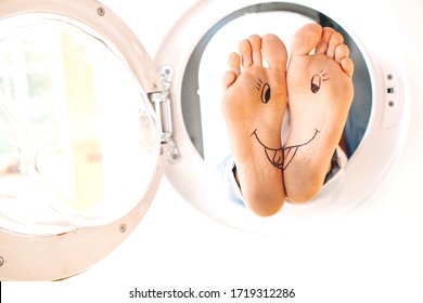 Smiley Faces On A Pair Of Feet On All Ten Toes In A Park On A Hot Summer Day. Funny Photo. Male Legs. Fun. Crazy Photo. Background. Smiling. Feet. Guy. Men. Happiness. Happy Day. Love. Photo. 