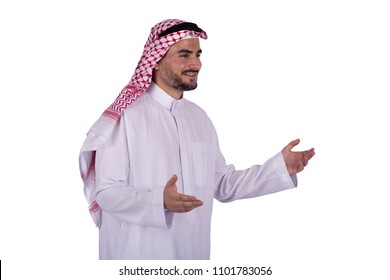 Smiley Khaleeji Man Raising Both Hands Talking To Someone, Isolated On A White Background.