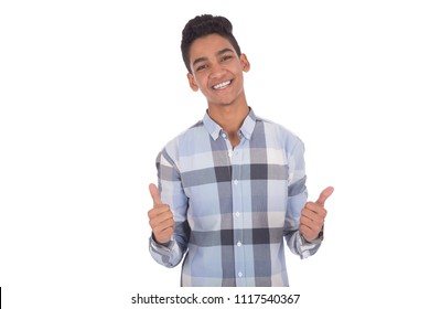 Smiley teenager thumbs up with both hands looks excited, isolated on a white background.