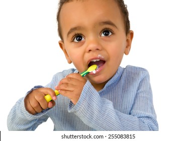 Smiling 18th Month Old African Toddler Boy Brushing His Teeth