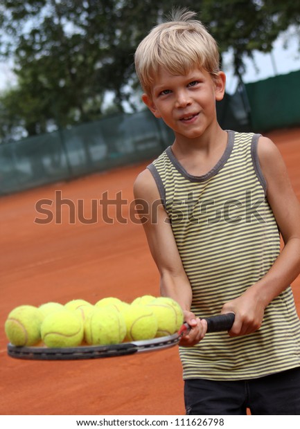 Smiling 8year Old Boy Holding Tennis Stock Photo Edit Now