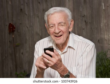 Smiling 90 Year Old Senior Old Man On Mobile Smart Phone