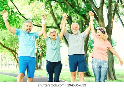 Smiling Active Senior People Posing Together Holding Hands  In The Park