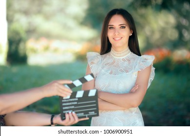 Smiling  Actress Auditioning For Movie Film Video Casting. Woman Reading Her Part On A Microphone For A Role
