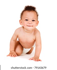 Smiling African American Baby Boy In Diaper, Crawling