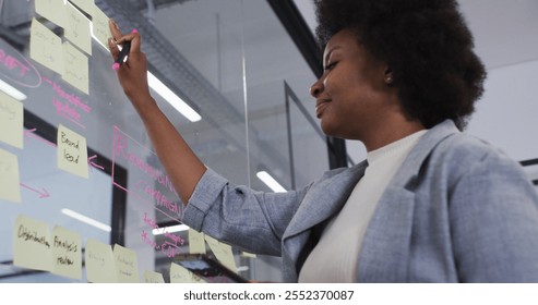 Smiling african american businesswoman brainstorming using memo notes on glass wall in office. work at an independent creative business. - Powered by Shutterstock