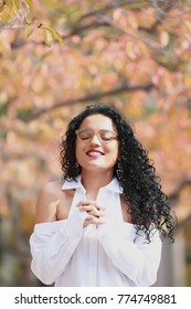 Smiling African American Girl Praying Outside In Nature, Thankful Gratitude, Hope, Worship, Race Christian, Pray, Christianity