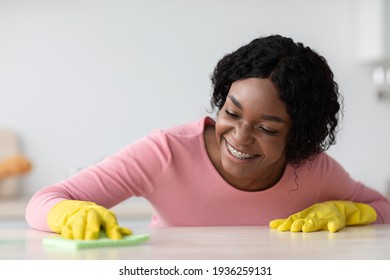 Smiling african american lady cleaning house furniture, copy space