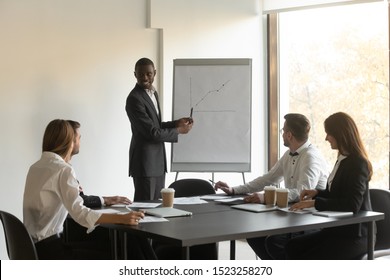 Smiling african american male leader demonstrating explaining company economic growth results with increasing graphs on flip chart to diverse colleagues employees at brainstorming meeting at office.