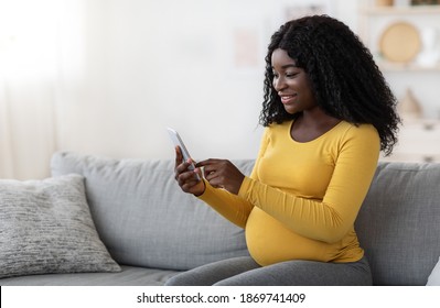 Smiling African American Pregnant Woman Using Mobile Phone While Resting On Couch In Living Room, Checking Baby Clothes Online, Copy Space. Pretty Black Expecting Lady With Smartphone At Home