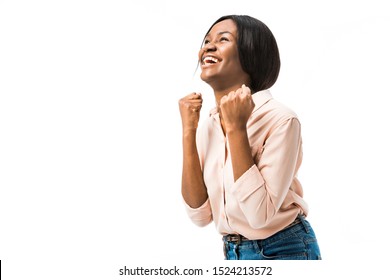 Smiling African American Woman Showing Yes Gesture Isolated On White 