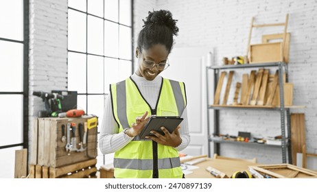 Smiling african american woman using tablet in carpentry workshop, portraying skilled craftsmanship and technology integration. - Powered by Shutterstock