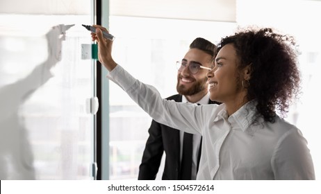 Smiling african and arabian ethnicity entrepreneurs using flip chart create successful business plan, market research and analysis, executive summary, start up ideas concept, horizontal banner image
