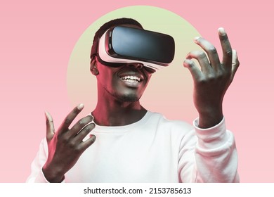Smiling African man in white sweater over pink gradient background using virtual reality headset for smartphone  playing video games and his friends  touching air and hands in neon light