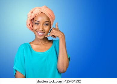 Smiling African Woman Doing Call Me Sign