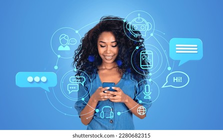 Smiling african woman working with Chatbot online in mobile phone. Chat bot hologram icons, using AI to generate ideas and ask for information. Concept of artificial intelligence - Shutterstock ID 2280682315
