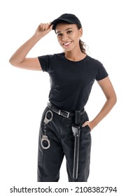 Smiling African-American Female Security Guard On White Background