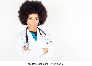 Smiling Afro Woman, Female Doctor, With Stethoscope, White Background, Copy Space