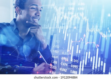 Smiling Afro-American Business Man Or Stock Trader Analyzing Stock Graph Chart By Fibonacci Indicator, Side View Businessman Using Pc To Buy Or Sell Stock, Double Exposure Graph, Internet Trading