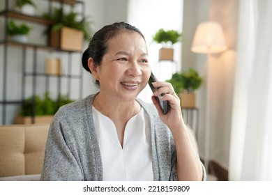 Smiling Aged Woman Talking On Phone With Friend Or Family Member