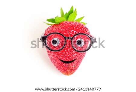 Smiling anthropomorphic strawberry character donning adorable glasses.