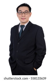 Smiling Asian Chinese Man Wearing Suit Posing With Confident In Isolated White Background.