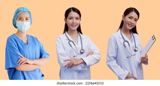 A smiling Asian female doctor, surgeon, puts a stethoscope on her shoulder. wearing a white robe holding a note board Professional healthcare professionals working in hospitals or medical clinics. med - Shutterstock ID 2196645515