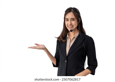 Smiling Asian female woman call center agent offering support with headset and open hand gesture on white background. - Powered by Shutterstock