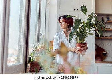 Smiling Asian Guy Holding A Green Plant And Looking Out The Window